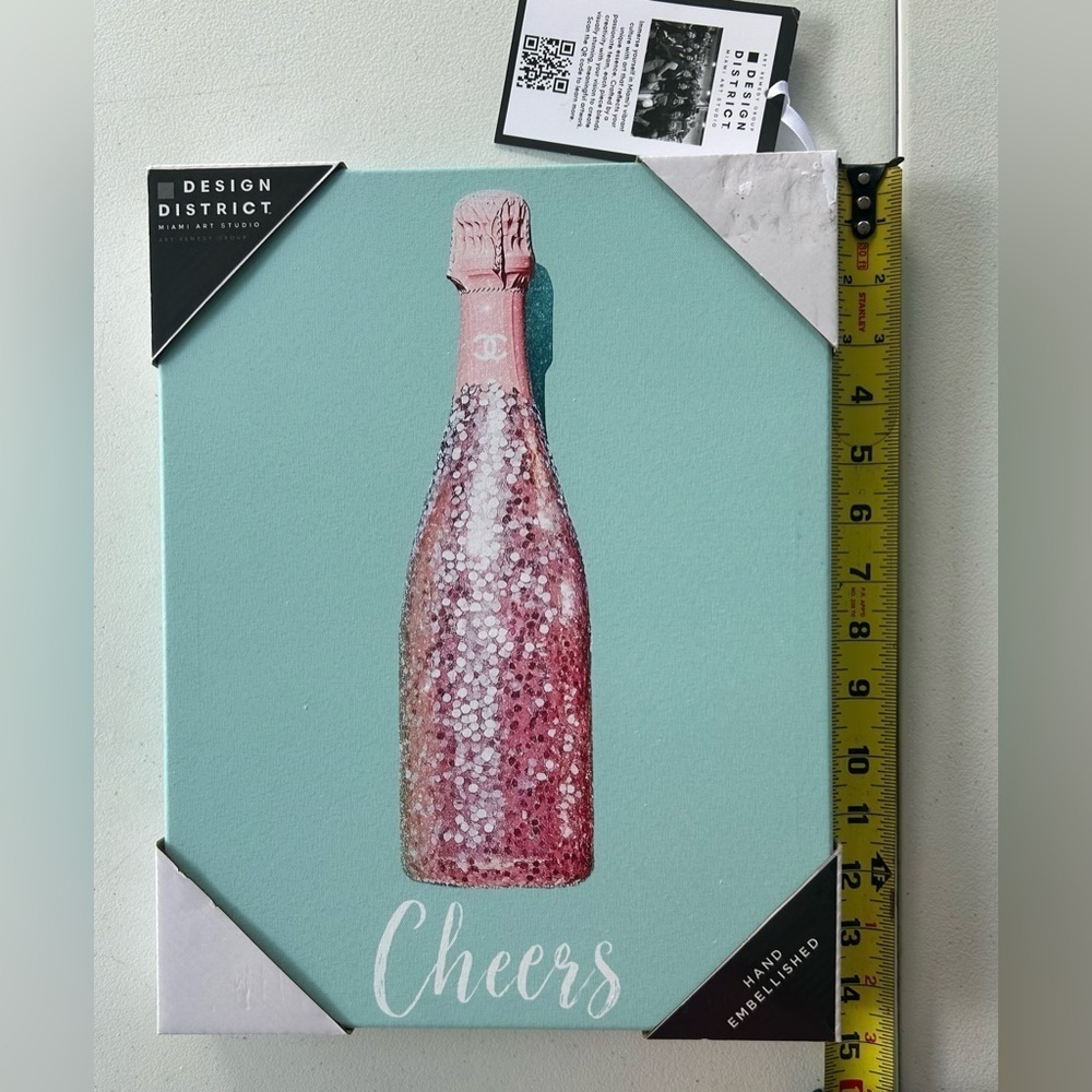 NEW!District Cheers Canvas Art - Chanel Pink & Green Wine Bottle-Wood Doughnut - Picture 4 of 10